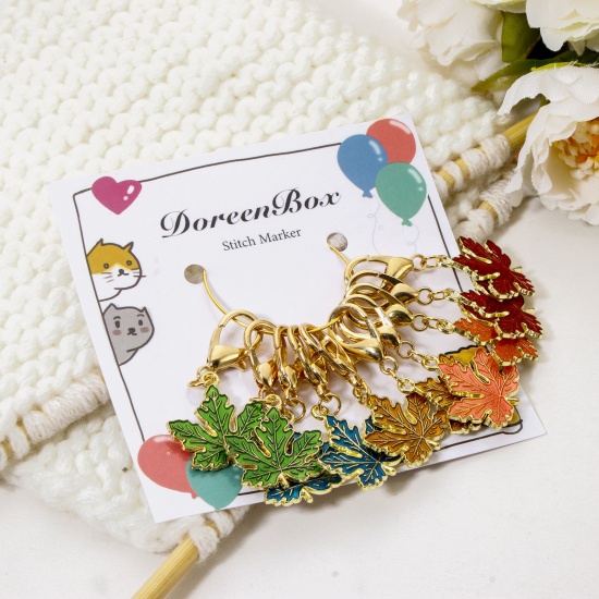 Picture of 1 Set ( 10 PCs/Set) Zinc Based Alloy & Iron Based Alloy Clip On Charms For Vintage Charm Bracelets Knitting Stitch Markers Maple Leaf Gold Plated Multicolor Enamel 4.1cm x 2cm