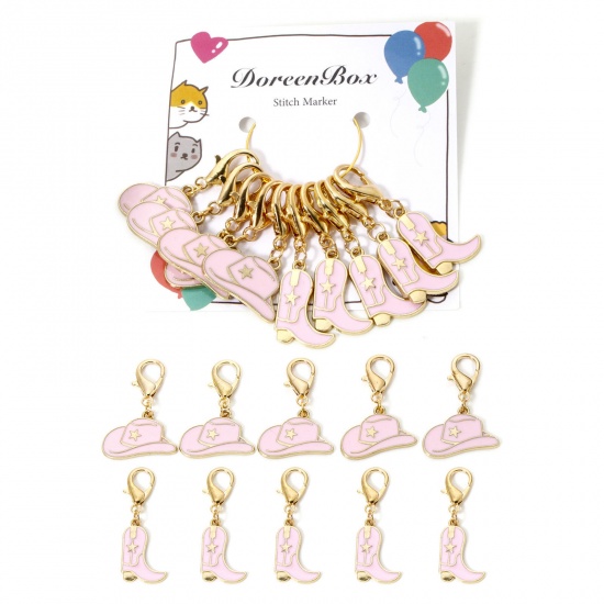 Picture of 1 Set ( 10 PCs/Set) Zinc Based Alloy & Iron Based Alloy Clip On Charms For Vintage Charm Bracelets Knitting Stitch Markers Hat Boots Gold Plated Multicolor Enamel 4.3x1.6cm 3.8x2.4cm
