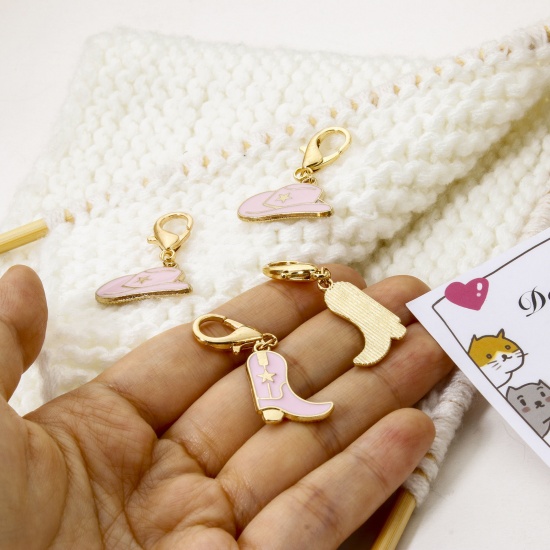 Picture of 1 Set ( 10 PCs/Set) Zinc Based Alloy & Iron Based Alloy Clip On Charms For Vintage Charm Bracelets Knitting Stitch Markers Hat Boots Gold Plated Multicolor Enamel 4.3x1.6cm 3.8x2.4cm