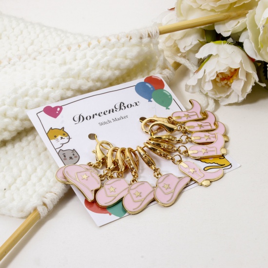 Picture of 1 Set ( 10 PCs/Set) Zinc Based Alloy & Iron Based Alloy Clip On Charms For Vintage Charm Bracelets Knitting Stitch Markers Hat Boots Gold Plated Multicolor Enamel 4.3x1.6cm 3.8x2.4cm