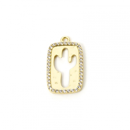 Imagen de 1 Unidad Latón Vaquero del Oeste Colgantes Chapado en Oro de 18K Cactus Micro Pave Claro Circón Artificial 23mm x 13mm