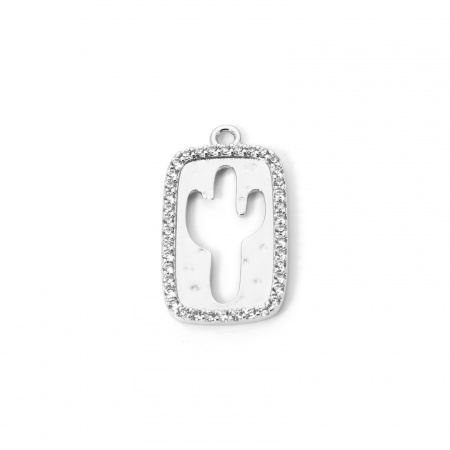 Imagen de 1 Unidad Latón Vaquero del Oeste Colgantes Platino Chapado Cactus Micro Pave Claro Circón Artificial 23mm x 13mm