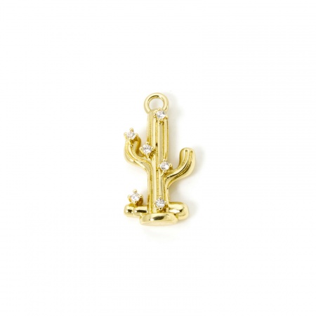Imagen de 1 Unidad Latón Vaquero del Oeste Colgantes Chapado en Oro de 18K Cactus 3D Claro Circón Artificial 23mm x 12mm