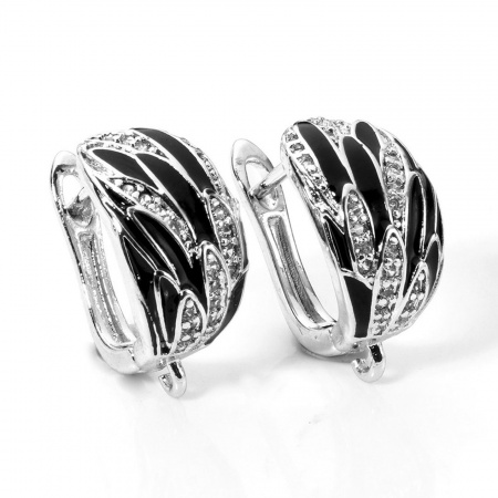 Imagen de 1 Par Latón Esmalte Pendientes de Aro Platino Chapado Negro Ala Claro Circón Artificial Con Lazo 19mm x 9.5mm, Tama?o del Poste/Cable: 1mm(18 gauge)