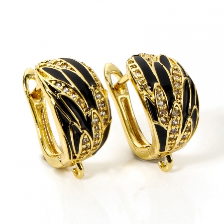 Imagen de 1 Par Latón Esmalte Pendientes de Aro Chapado en Oro de 18K Negro Ala Claro Circón Artificial Con Lazo 19mm x 9.5mm, Tama?o del Poste/Cable: 1mm(18 gauge)