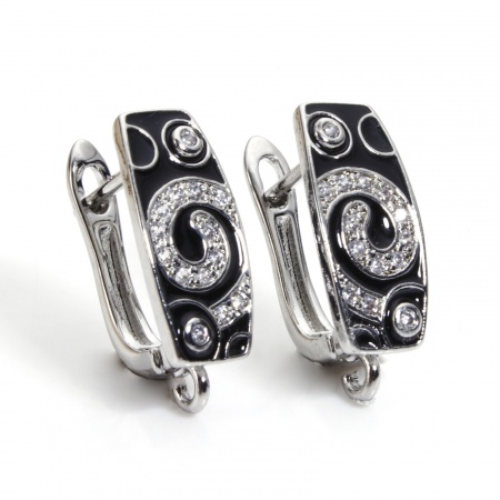 Imagen de 1 Par Latón Esmalte Pendientes de Aro Platino Chapado Negro Cuadrilátero Hélice Claro Circón Artificial Con Lazo 19mm x 7.5mm, Tama?o del Poste/Cable: 1mm(18 gauge)