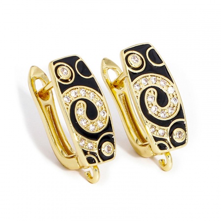 Imagen de 1 Par Latón Esmalte Pendientes de Aro Chapado en Oro de 18K Negro Cuadrilátero Hélice Claro Circón Artificial Con Lazo 19mm x 7.5mm, Tama?o del Poste/Cable: 1mm(18 gauge)