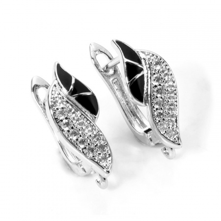 Imagen de 1 Par Latón Esmalte Pendientes de Aro Platino Chapado Negro Hoja Claro Circón Artificial Con Lazo 19mm x 7.5mm, Tama?o del Poste/Cable: 1mm(18 gauge)