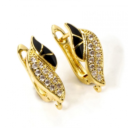 Imagen de 1 Par Latón Esmalte Pendientes de Aro Chapado en Oro de 18K Negro Hoja Claro Circón Artificial Con Lazo 19mm x 7.5mm, Tama?o del Poste/Cable: 1mm(18 gauge)