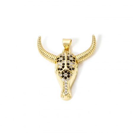 1 Piece Brass West Cowboy Pendants 18K Gold Plated Bull Head/ Cow Head Micro Pave Clear & Black Cubic Zirconia 3.2cm x 2.7cm