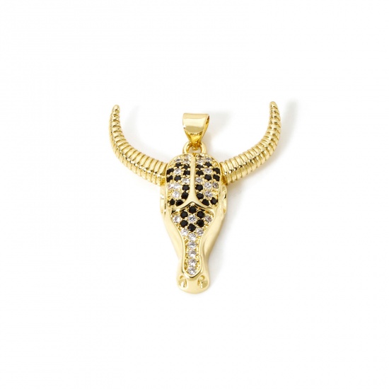 Изображение 1 Piece Brass West Cowboy Pendants 18K Gold Plated Bull Head/ Cow Head Micro Pave Clear & Black Cubic Zirconia 3.2cm x 2.7cm