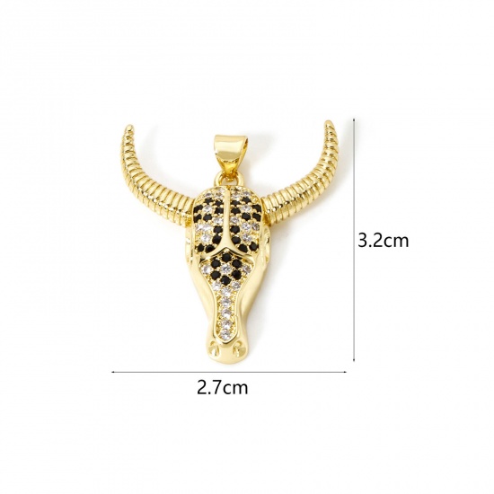 Изображение 1 Piece Brass West Cowboy Pendants 18K Gold Plated Bull Head/ Cow Head Micro Pave Clear & Black Cubic Zirconia 3.2cm x 2.7cm