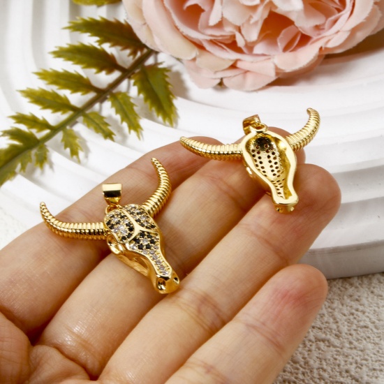 Изображение 1 Piece Brass West Cowboy Pendants 18K Gold Plated Bull Head/ Cow Head Micro Pave Clear & Black Cubic Zirconia 3.2cm x 2.7cm