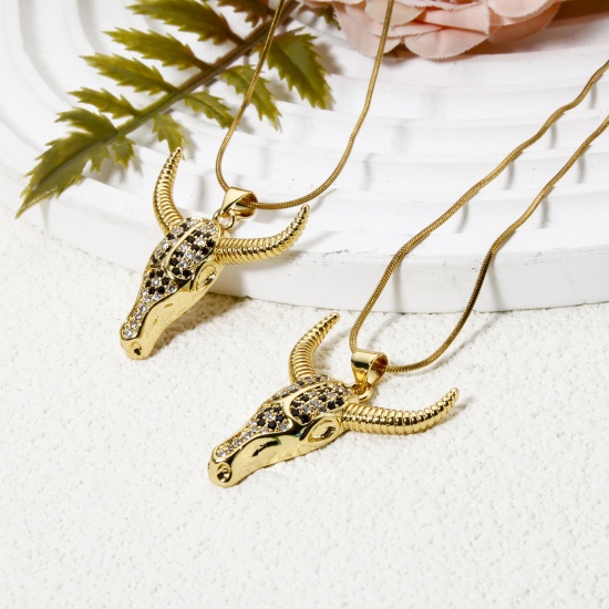 Изображение 1 Piece Brass West Cowboy Pendants 18K Gold Plated Bull Head/ Cow Head Micro Pave Clear & Black Cubic Zirconia 3.2cm x 2.7cm