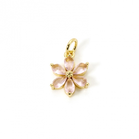 2 PCs Brass Charms 18K Gold Plated Flower Pink Rhinestone 20mm x 12mm の画像