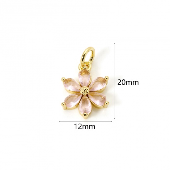 2 PCs Brass Charms 18K Gold Plated Flower Pink Rhinestone 20mm x 12mm の画像