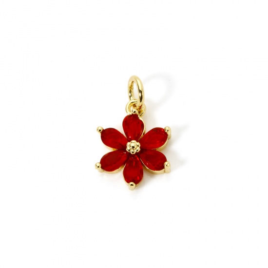 2 PCs Brass Charms 18K Gold Plated Flower Red Rhinestone 20mm x 12mm の画像