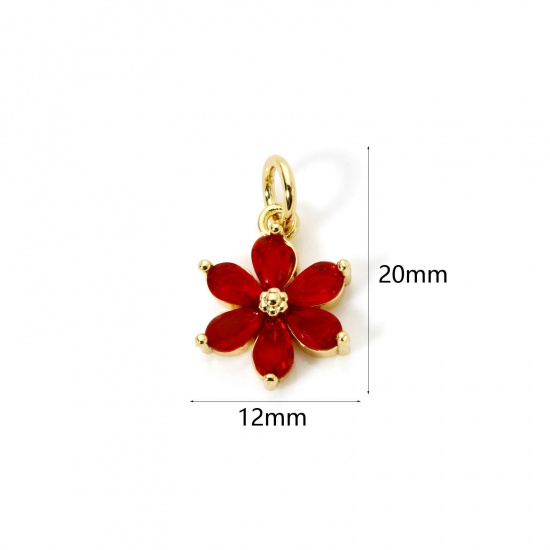 2 PCs Brass Charms 18K Gold Plated Flower Red Rhinestone 20mm x 12mm の画像