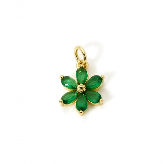 2 PCs Brass Charms 18K Gold Plated Flower Green Rhinestone 20mm x 12mm の画像