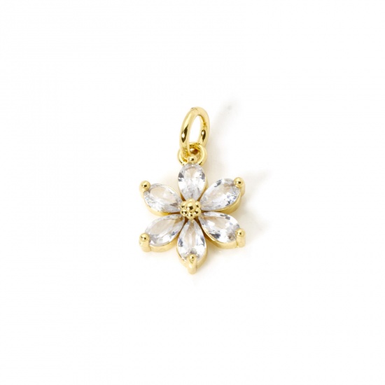 2 PCs Brass Charms 18K Gold Plated Flower Clear Rhinestone 20mm x 12mm の画像