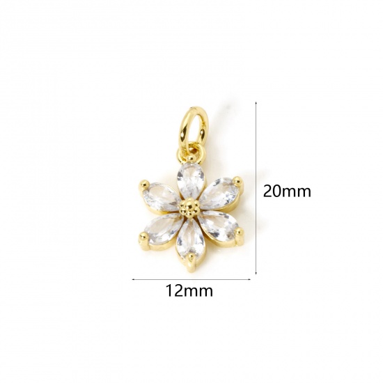 2 PCs Brass Charms 18K Gold Plated Flower Clear Rhinestone 20mm x 12mm の画像