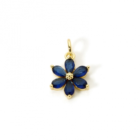 2 PCs Brass Charms 18K Gold Plated Flower Dark Blue Rhinestone 20mm x 12mm の画像