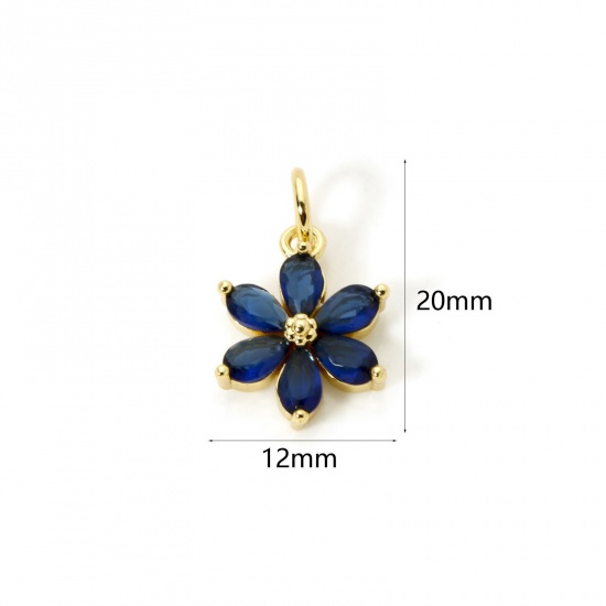 2 PCs Brass Charms 18K Gold Plated Flower Dark Blue Rhinestone 20mm x 12mm の画像