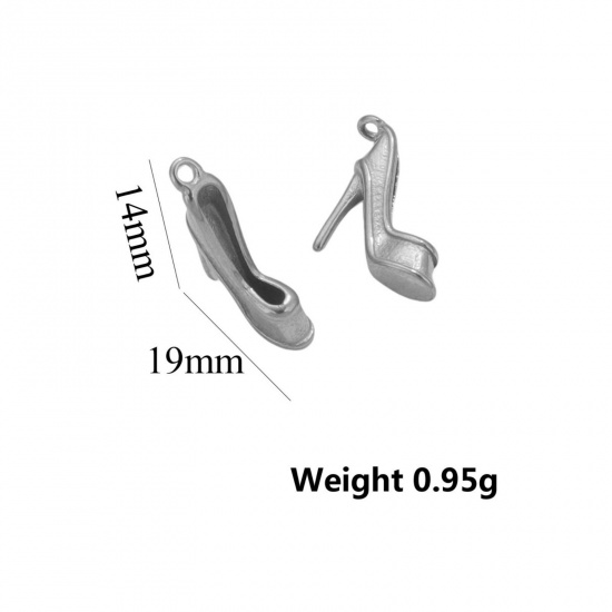 Picture of 1 Piece Eco-friendly PVD Vacuum Plating 304 Stainless Steel 3D Charms Silver Tone High-heeled Shoes 19mm x 14mm