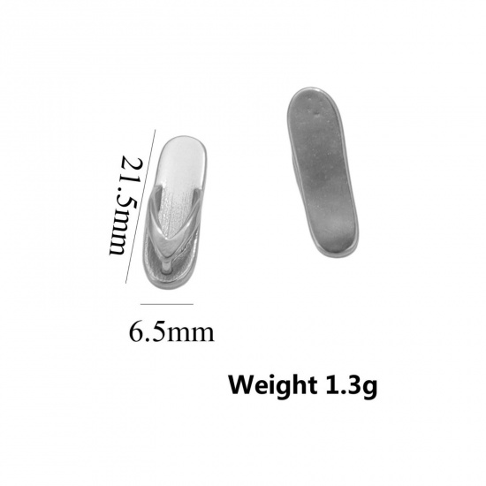 Picture of 1 Piece Eco-friendly PVD Vacuum Plating 304 Stainless Steel 3D Charms Silver Tone Flip Flops Slipper 6.5mm x 21.5mm