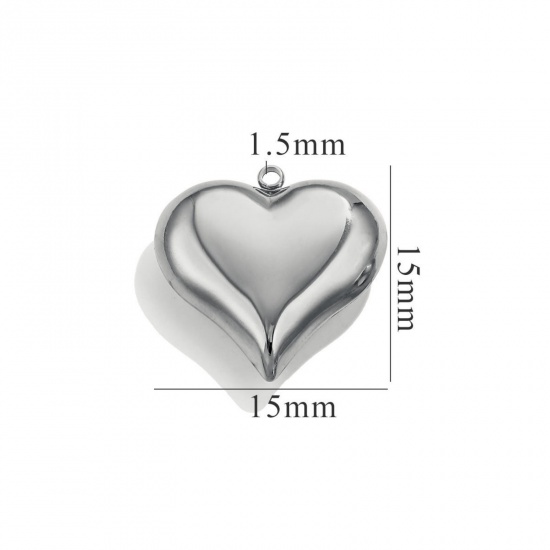 Picture of 1 Piece Eco-friendly 304 Stainless Steel 3D Charms Silver Tone Heart Polished 15mm x 15mm