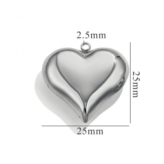 Picture of 1 Piece Eco-friendly 304 Stainless Steel 3D Charms Silver Tone Heart Polished 25mm x 25mm