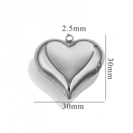 Picture of 1 Piece Eco-friendly 304 Stainless Steel 3D Pendants Silver Tone Heart Polished 30mm x 30mm