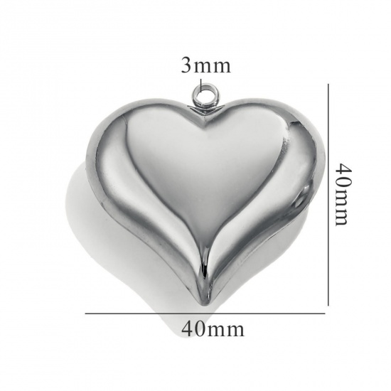 Picture of 1 Piece Eco-friendly 304 Stainless Steel 3D Pendants Silver Tone Heart Polished 40mm x 40mm