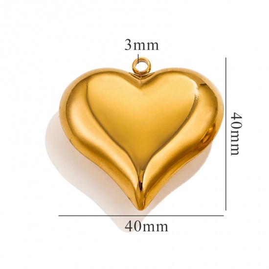 Picture of 1 Piece Eco-friendly PVD Vacuum Plating 304 Stainless Steel 3D Pendants 18K Gold Plated Heart Polished 40mm x 40mm