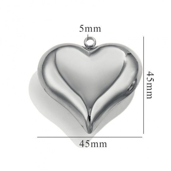 Picture of 1 Piece Eco-friendly 304 Stainless Steel 3D Pendants Silver Tone Heart Polished 45mm x 45mm