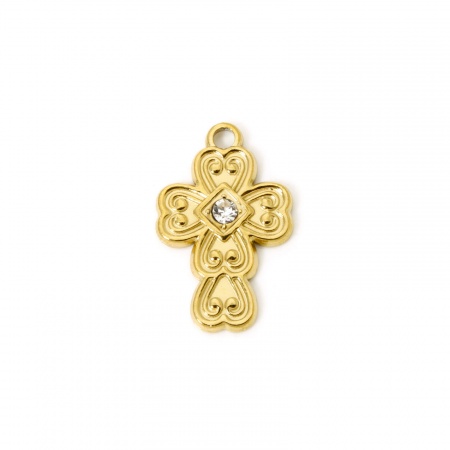 Picture of 1 Piece Eco-friendly PVD Vacuum Plating Waterproof Anti-Tarnish Hypoallergenic 304 Stainless Steel Religious Charms 18K Real Gold Plated Cross Heart Clear Rhinestone 21mm x 13mm