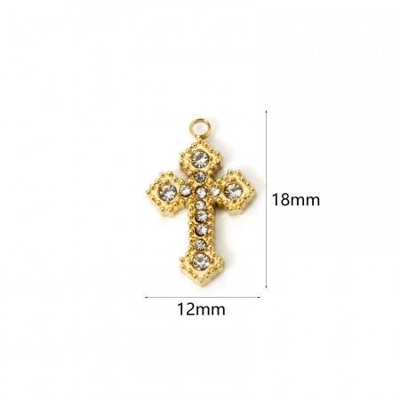Picture of 1 Piece Eco-friendly PVD Vacuum Plating Waterproof Anti-Tarnish Hypoallergenic 304 Stainless Steel Religious Charms 18K Real Gold Plated Cross Clear Rhinestone 18mm x 12mm