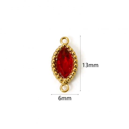 Изображение 5 PCs Eco-friendly PVD Vacuum Plating 304 Stainless Steel Geometric Connectors Charms Pendants 18K Gold Plated Marquise Red Rhinestone 13mm x 6mm