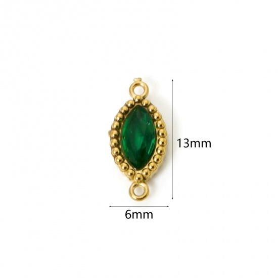 Изображение 5 PCs Eco-friendly PVD Vacuum Plating 304 Stainless Steel Geometric Connectors Charms Pendants 18K Gold Plated Marquise Deep Green Rhinestone 13mm x 6mm