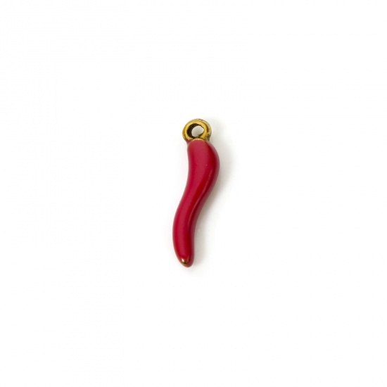 5 PCs Eco-friendly PVD Vacuum Plating 304 Stainless Steel 3D Charms 18K Gold Plated Fuchsia Chili Enamel 15mm x 4mm の画像