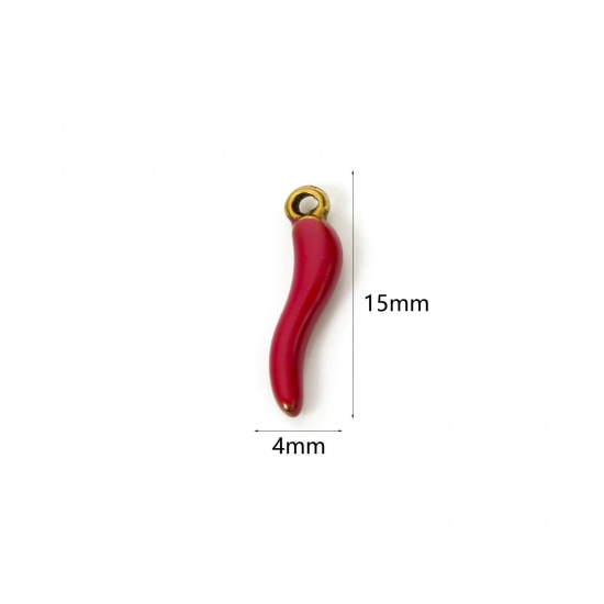 5 PCs Eco-friendly PVD Vacuum Plating 304 Stainless Steel 3D Charms 18K Gold Plated Fuchsia Chili Enamel 15mm x 4mm の画像