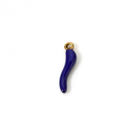 5 PCs Eco-friendly PVD Vacuum Plating 304 Stainless Steel 3D Charms 18K Gold Plated Royal Blue Chili Enamel 15mm x 4mm の画像