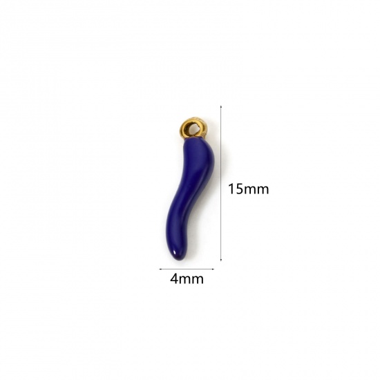 5 PCs Eco-friendly PVD Vacuum Plating 304 Stainless Steel 3D Charms 18K Gold Plated Royal Blue Chili Enamel 15mm x 4mm の画像