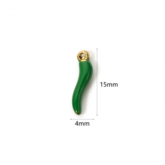 5 PCs Eco-friendly PVD Vacuum Plating 304 Stainless Steel 3D Charms 18K Gold Plated Dark Green Chili Enamel 15mm x 4mm の画像