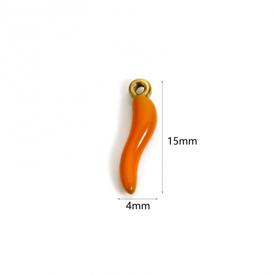 5 PCs Eco-friendly PVD Vacuum Plating 304 Stainless Steel 3D Charms 18K Gold Plated Orange Chili Enamel 15mm x 4mm の画像