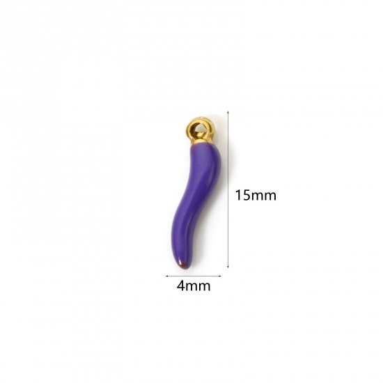 5 PCs Eco-friendly PVD Vacuum Plating 304 Stainless Steel 3D Charms 18K Gold Plated Purple Chili Enamel 15mm x 4mm の画像