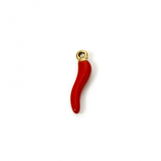 5 PCs Eco-friendly PVD Vacuum Plating 304 Stainless Steel 3D Charms 18K Gold Plated Red Chili Enamel 15mm x 4mm の画像