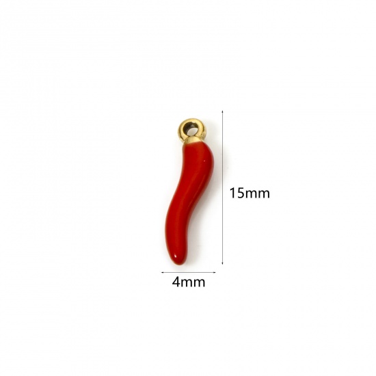 5 PCs Eco-friendly PVD Vacuum Plating 304 Stainless Steel 3D Charms 18K Gold Plated Red Chili Enamel 15mm x 4mm の画像