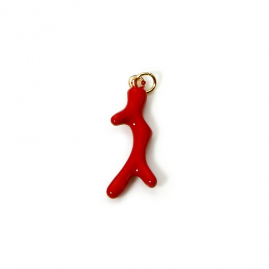 Image de 1 Pièce Breloques en 304 Acier Inoxydable Placage Sous Vide Écologique Bijoux d'Océan Corail Plaqué Or Véritable 18K Rouge Émail 25mm x 8mm