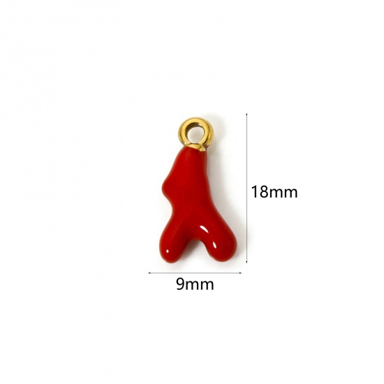 Image de 1 Pièce Breloques en 304 Acier Inoxydable Placage Sous Vide Écologique Bijoux d'Océan Corail Plaqué Or Véritable 18K Rouge Émail 18mm x 9.5mm